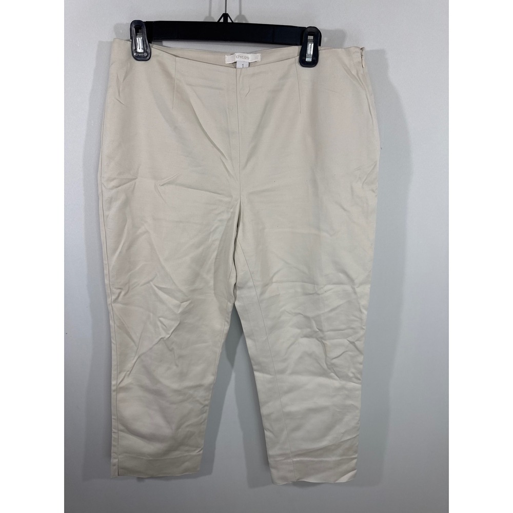 Chico's Beige Side Zip Cropped Tapered Pants Women Size 8 Stretch Cotton Career
